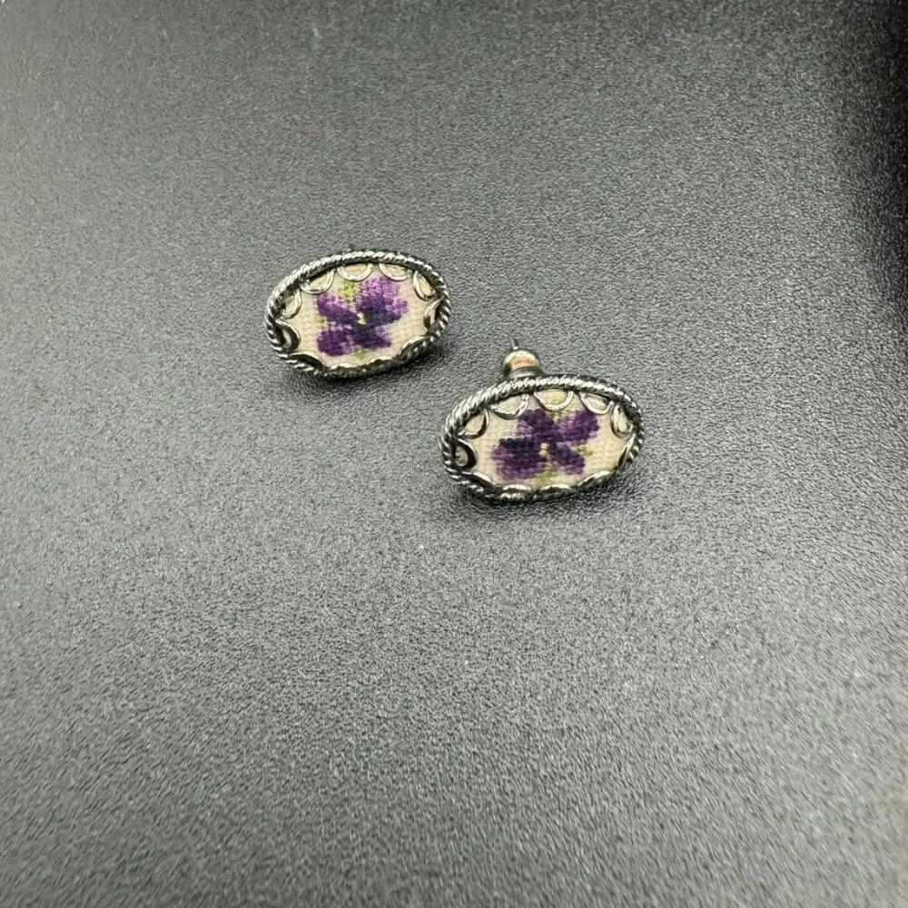 Vintage Needlepoint Hand Embroidered Stud Earrings with Purple Pansy Flower